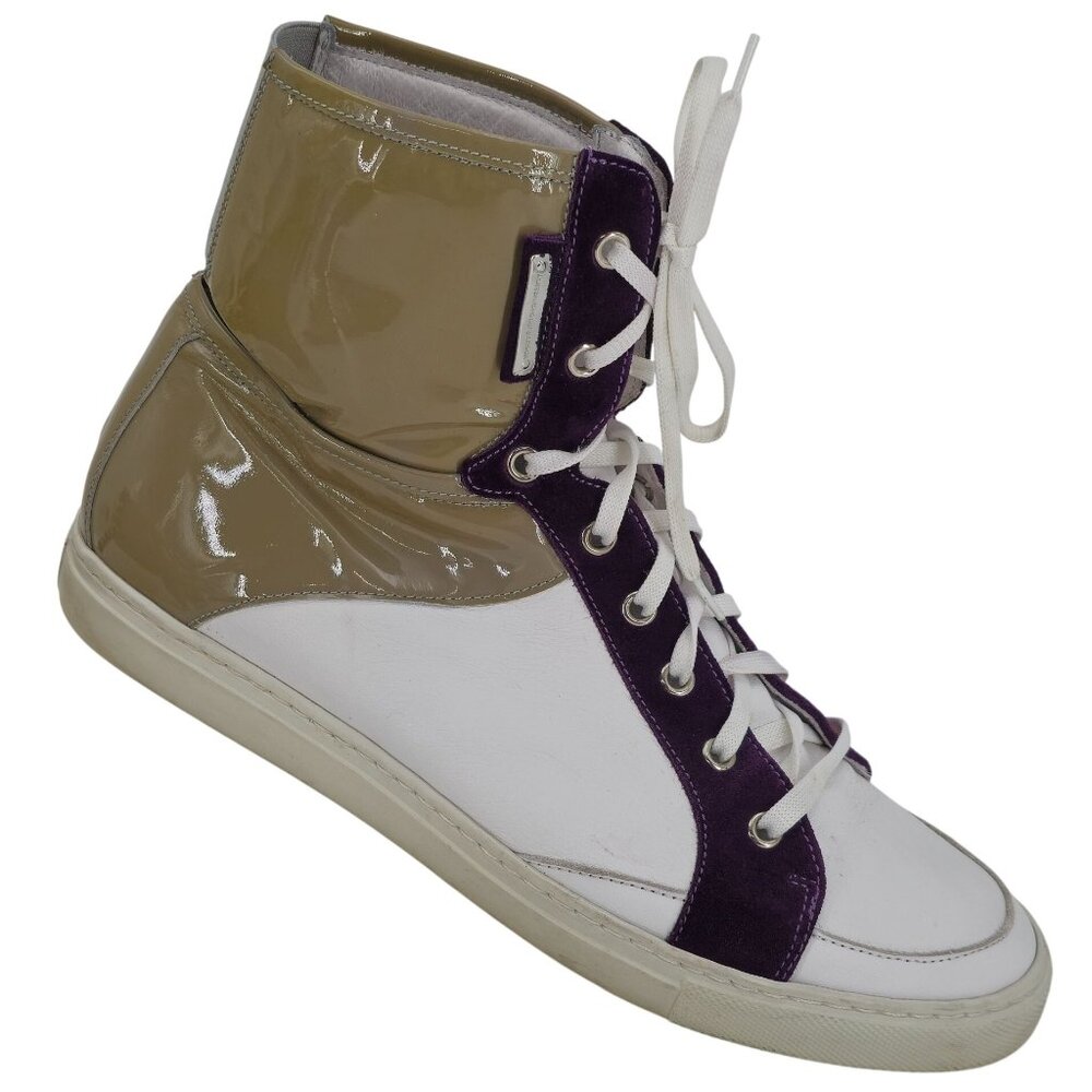 Alessandro Dell'Acqua Mens 9.5 White Tan Purple Patent Leather Fashion Sneakers